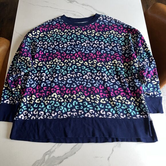 Cabana Crown & Ivy Tunic Sweatshirt XL Navy Blue Colorful All Over Leopard Print - Picture 1 of 10